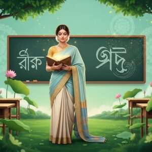 A serene and ethereal depiction of a young Indian woman, adorned in traditional Bengali attire with a modern twist, standing in a lush green landscape. She holds an intricately designed book, radiating a soft, golden glow, symbolizing knowledge and wisdom. The background features stylized elements of a Bengali classroom setting, including a chalkboard with abstract patterns resembling Bengali script. Subtle motifs of lotus flowers and mandalas are integrated into the scene. The color palette is soothing, with pastels and warm golds, creating an inviting and tranquil atmosphere that embodies the blend of tradition and modernity. The art style is hyperrealistic with a surreal touch, capturing the essence of learning and cultural heritage.