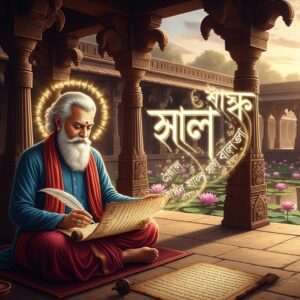 A serene and ethereal scene depicting a wise Indian scholar in traditional Bengali attire, seated amidst an ancient, intricately carved temple courtyard. The scholar is surrounded by an aura of glowing light, highlighting their serene expression and flowing white beard. In their hands, they hold a quill and an ancient scroll, while luminous Bengali script seems to float magically in the air around them. The background features a lush garden with lotus flowers and a tranquil pond reflecting soft pastel hues of dawn. The art style blends traditional elements with a modern digital aesthetic, incorporating rich colors like maroon, peacock blue, and gold. The scene conveys a sense of wisdom, tranquility, and the timeless beauty of Bengali script.