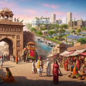 An ethereal, hyperrealistic depiction of Bharatpur's vibrant past and present: In the foreground, a serene, traditional Indian marketplace with people in colorful ethnic attire going about their daily lives. The scene transitions seamlessly into an ancient fort with intricate carvings, symbolizing Bharatpur's rich history. The backdrop features a blend of modern architecture and lush green landscapes, showcasing the city's evolution into 2026. The sky is a surreal mix of soft pastel hues, casting a warm, inviting glow over the entire scene. Elements like traditional motifs and subtle cultural symbols are interwoven throughout, emphasizing the city's heritage and contemporary charm. The overall tone is one of harmony and cultural celebration.