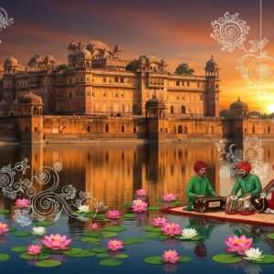 An ethereal landscape of Bharatpur District, Rajasthan, showcasing a grandiose, intricately detailed palace reminiscent of Rajput architecture. The palace is bathed in the golden glow of the setting sun, reflecting hues of saffron and maroon. In the foreground, a serene lake with blooming lotus flowers mirrors the palace’s majestic silhouette. Traditional Indian musicians, dressed in colorful attire, are playing instruments like the sitar and tabla by the lakeside. The scene is adorned with delicate, swirling patterns inspired by Pattachitra art, seamlessly blending with the modern digital aesthetic. The atmosphere is tranquil yet vibrant, capturing the essence of Rajasthan's rich cultural heritage.