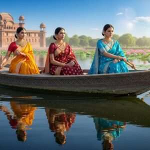 A stunning, hyperrealistic digital illustration showcasing Bharatpur's rich cultural tapestry. In the foreground, a serene water body reflects a clear blue sky, with elegant Indian women in traditional attire (saffron, maroon, peacock blue sarees) gracefully rowing a wooden boat. They are adorned with intricate gold jewelry, and their expressions convey a sense of calm exploration. In the background, a majestic architectural marvel, reminiscent of Bharatpur's historical structures, stands amidst lush greenery and vibrant lotus flowers. A soft, ethereal glow envelops the scene, enhancing the dreamlike atmosphere. The overall composition exudes a balance of tradition and modernity, inviting viewers to delve into Bharatpur's attractions and regional connections.