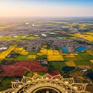 A serene, ethereal landscape of Bharatpur in 2026, captured in a hyperrealistic style that merges modern digital aesthetics with traditional Indian art forms. The scene depicts a bird's-eye view of Bharatpur, showcasing its lush green fields, intricate waterways, and sprawling urban areas. The landscape is bathed in a soft, warm golden light that enhances the rich colors—deep maroon, saffron, and peacock blue—of the terrain. In the foreground, a glowing mandala subtly overlays the map, symbolizing the harmonious blend of tradition and modernity. The skies are painted with pastel hues of soft blue and pale pink, adding a surreal touch. The overall tone conveys tranquility and insight, inviting the viewer to explore the geographic richness and future potential of Bharatpur.