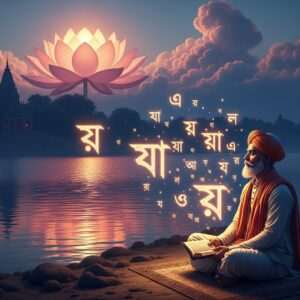 A serene and ethereal scene depicting an Indian scholar in traditional attire, seated by a calm riverbank at twilight. He is surrounded by glowing, ethereal representations of the Bengali alphabet, floating in the air like gentle fireflies, illuminating the scene with a soft, warm glow. The river reflects this luminescence, adding to the surreal atmosphere. In the background, a stylized lotus flower blooms under a canopy of pastel-colored clouds, with subtle hints of ancient temple architecture peeking through. The overall palette is a mix of peacock blue, soft gold, and warm pinks, creating a harmonious blend of tradition and modernity. The image embodies tranquility and the enchanting allure of learning a new language.