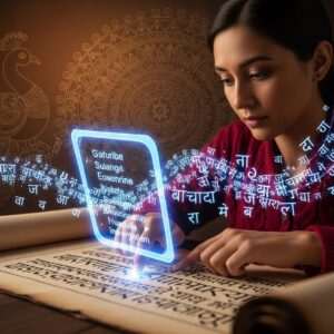 In a vibrant, ethereal landscape, a serene Chhattisgarhi village scene comes to life, with traditional houses and lush greenery. In the foreground, an Indian scholar, dressed in a modern kurta and glasses, is depicted holding an ancient scroll that unfurls into a glowing, digital hologram of a modern dictionary. Around them, swirling letters and symbols from both Devanagari and Roman scripts float gracefully, bridging the old and new worlds. The background features intricate patterns reminiscent of Madhubani art, interwoven with soft glowing lights and pastel hues of blue and gold, evoking a sense of connection and discovery. The scene emphasizes the harmony between tradition and innovation, inviting viewers into a journey of linguistic exploration.