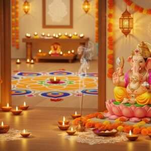 A serene and ethereal depiction of a traditional Indian home adorned for Diwali and Ganesh Chaturthi. The room is softly lit with the warm glow of diyas and lanterns casting intricate shadows on the walls. In the center, a beautifully decorated altar features a majestic idol of Lord Ganesha, with four hands holding a lotus, an axe, a bowl of sweets, and a noose. He is seated on a lotus pedestal surrounded by marigold flowers and incense smoke gently wafting in the air. The background showcases vibrant rangoli patterns in peacock blue and saffron hues, harmonizing with the soft pastel color palette. Delicate lotus flowers and glowing mandalas subtly blend into the scene, emphasizing tranquility and spiritual serenity. The overall atmosphere is one of festive joy and peaceful celebration, inviting viewers to immerse themselves in the cultural richness of the occasion.