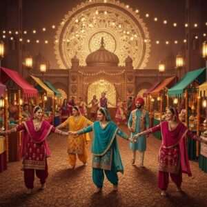 A vibrant and captivating scene of the Babe da Viah and Batala Mela celebrations in 2026, featuring a bustling Indian fairground alive with colorful traditional tents and stalls. In the foreground, a group of elegantly dressed Indian men and women, wearing traditional Punjabi attire with intricate Phulkari embroidery, engage in joyous dance and festivities. The women have flowing dupattas in deep maroon, saffron, and peacock blue, adorned with golden jewelry. A large, ethereal mandala glowing softly in the background enhances the spiritual ambiance. The scene is filled with cultural motifs such as lotus flowers and Sikh symbols subtly integrated into the design. Warm, glowing lights illuminate the setting, creating a serene yet lively atmosphere. The art style is hyperrealistic with a surreal touch, capturing the essence of tradition blended with modern digital aesthetics. The overall tone is one of celebration, unity, and cultural richness.