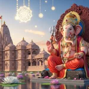 A serene, ethereal scene depicting the Ganpati and Jain temples of Ahmednagar. In the foreground, a grand Ganpati idol with four arms, each hand holding a symbolic item like a lotus flower, a modak, an axe, and a noose. The idol is adorned in vibrant red and gold garments, surrounded by intricate patterns of maroon and peacock blue. In the background, a majestic Jain temple with stunning carvings and ornate domes, set against a soft pastel-colored sky. Glowing mandalas float gently in the air, casting a warm golden light over the scene. Lotus flowers and serene water surfaces add to the tranquility. The art style is hyperrealistic with a touch of digital fantasy, emphasizing the spiritual harmony and cultural richness of Ahmednagar's heritage.