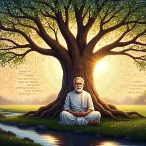 An ethereal scene featuring Rashtrakavi G.S. Shivarudrappa in a serene, contemplative pose. He is seated under a large, ancient tree with sprawling branches, symbolizing wisdom and legacy. The background is an abstract blend of traditional Indian motifs like mandalas and swirling script from Kannada poetry, softly glowing in gold and saffron hues. The landscape is lush and tranquil, with a gentle stream flowing beside him, reflecting pastel tones of soft blue and pale pink. Sunlight filters through the tree leaves, casting a warm, golden glow on Shivarudrappa's face. The overall art style is serene and hyperrealistic, blending traditional aesthetics with a modern digital touch, inviting viewers to delve into his life and works.