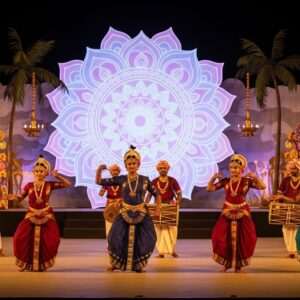 A vibrant, captivating scene depicting a Tuluva festival celebration. In the foreground, a group of Indian dancers in traditional Tuluva attire, featuring rich, deep colors such as maroon, gold, and peacock blue, gracefully perform a traditional dance. Their costumes are adorned with intricate patterns and embellishments. Behind them, a large, glowing mandala radiates soft pastel lights, creating a surreal and ethereal atmosphere. The background is filled with elements of Tuluva culture, such as stylized coconut palms and traditional lamps, adding depth to the scene. The lighting is warm and inviting, with a touch of fantasy and hyper-realism, drawing the viewer into the rich tapestry of Tuluva traditions and heritage.