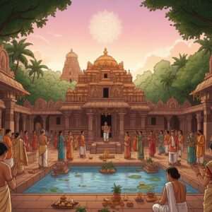 "An enchanting scene depicting the sacred Chandan Yatra festival at the Simhachalam and Lingaraj Temples in 2026. The image captures a serene, ethereal atmosphere with Indian devotees gathered around the beautifully adorned temple precincts. The temples are surrounded by lush greenery and intricate carvings, bathed in a soft, warm golden glow. In the foreground, a tranquil pool reflects the soft pastel hues of the sky. Devotees, dressed in traditional attire, engage in rituals, their expressions serene and mindful. A glowing mandala floats above the scene, casting a divine light. The art style merges traditional Indian motifs with modern digital aesthetics, showcasing rich colors like maroon, saffron, and peacock blue, creating an aura of spiritual celebration."