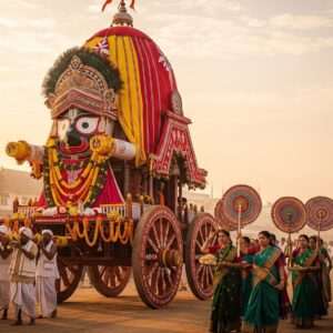 An ethereal and serene depiction of Lord Jagannath's Chandan Yatra in Puri. Lord Jagannath is portrayed with a serene expression, his large, expressive eyes symbolizing divine compassion. He is adorned with a crown of peacock feathers and vibrant garlands, seated majestically on an ornate chariot surrounded by intricate motifs and patterns inspired by Madhubani and Pattachitra art. The scene is bathed in soft, golden light with pastel hues in the sky, evoking a sense of spirituality and celebration. Devotees in traditional Indian attire are joyfully participating in the procession, carrying ornate fans and vessels of sandalwood paste. The atmosphere is filled with a sense of harmony and reverence, capturing the essence of this sacred ritual. The image combines traditional elements with modern digital aesthetics for a captivating visual experience.