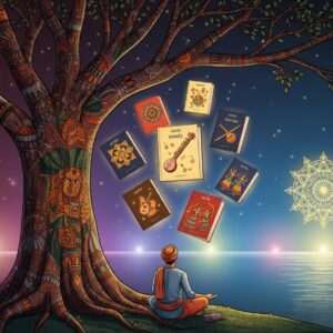 A serene, ethereal scene featuring an Indian scholar in traditional attire, sitting under a grand, ancient tree with sprawling branches and intricate patterns reminiscent of Madhubani art. The scholar is surrounded by a glowing array of floating books, each with covers depicting vibrant Chhattisgarhi cultural motifs like tribal art and musical instruments. The background is a harmonious blend of deep maroon and peacock blue, with soft pastel lights illuminating the scene, adding a surreal touch. In the distance, a calm water surface reflects the soft glow of a golden mandala in the sky, symbolizing knowledge and enlightenment. The scene exudes tranquility and wisdom, inviting viewers to explore the rich heritage and modern resources of the Chhattisgarhi language.