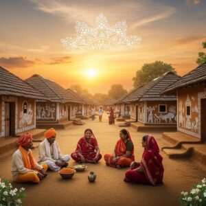 A serene village scene in Chhattisgarh, with traditional mud houses adorned with intricate Madhubani and Pattachitra patterns. In the foreground, a group of Indian villagers, dressed in vibrant, colorful attire (saffron, maroon, and peacock blue), are engaged in animated conversation, illustrating the essence of Chhattisgarhi dialects. The backdrop features lush green fields and a serene, glowing sunset casting warm golden hues across the landscape. A stylized mandala gently glows above the village, symbolizing cultural richness and unity. The art style is hyperrealistic with ethereal elements, capturing the cultural tapestry and linguistic diversity of Chhattisgarh.