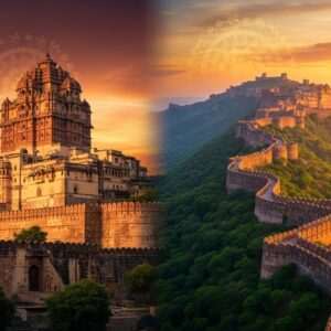 A breathtaking panoramic view of the majestic Chittorgarh and Kumbhalgarh forts, with each fort occupying one half of the image. On the left, Chittorgarh fort stands tall with its iconic Vijay Stambh, intricately detailed, rising into a sky of deep maroon and gold hues. The fort's historic walls are adorned with delicate patterns reminiscent of traditional Indian art. On the right, Kumbhalgarh fort is depicted with its extensive walls winding through the lush green Aravalli hills, bathed in the warm glow of a saffron sunset. The scene is infused with surreal, ethereal lighting, capturing the essence of grandeur and history, with subtle hints of glowing mandalas in the sky, adding a spiritual dimension. The overall composition is hyperrealistic and modern, inviting viewers to embark on a historical journey.