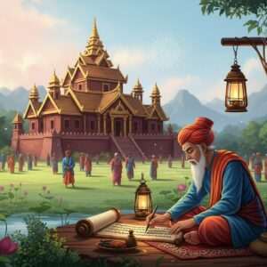 A serene, ethereal scene depicting an ancient Ahom kingdom, nestled in lush, verdant landscapes. The focal point is a majestic, intricately detailed traditional Ahom palace, adorned with golden and maroon accents, reflecting the architectural grandeur of the era. In the foreground, a wise Ahom historian, dressed in traditional attire with flowing robes of peacock blue and saffron, is carefully scribing on a Buranji scroll, illuminated by the warm glow of lanterns. Surrounding him are subtle motifs of lotus flowers and mandalas, symbolizing the cultural richness of the Ahom society. The scene is bathed in soft, pastel hues with a dreamlike atmosphere, evoking a sense of tranquility and historical reverence. The style is hyperrealistic with modern digital aesthetics, seamlessly blending traditional Indian art forms with contemporary design elements.