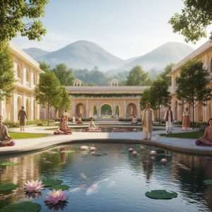 A serene and spiritual depiction of a luxurious, modern Indian hotel near Dongargarh station, surrounded by lush greenery and calm water features. The architecture blends traditional Indian elements with contemporary design, featuring intricate patterns and motifs reminiscent of Madhubani and Pattachitra art. Soft pastel hues of warm gold and pale pink create a tranquil atmosphere. The foreground showcases a glowing lotus pond, while the background highlights a majestic, ethereal view of Dongargarh hills under a soft blue sky. Elegant Indian travelers in comfortable, stylish attire are seen relaxing and meditating, emphasizing comfort and mindfulness on their spiritual journey. The scene is hyperrealistic with a touch of surrealism, capturing the essence of peace and spiritual fulfillment.