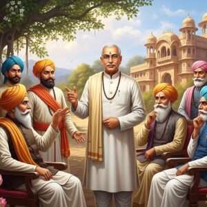 A serene, hyperrealistic portrayal of Mahadev Desai, standing alongside his notable associates in a lush, historic Indian landscape. They are engaged in animated discussion, embodying the spirit of collaboration and intellectual pursuit. Each individual is depicted in traditional Indian attire with intricate patterns, adorned with cultural motifs like lotus flowers and mandalas. The background features a harmonious blend of traditional Indian architecture and modern elements, such as a stylized digital rendering of a historic building. Soft, ethereal lighting bathes the scene in warm gold and peacock blue hues, enhancing the spiritual and historical aura. The characters exude wisdom and strength, with expressive faces reflecting their impact on history. The overall composition suggests unity and purpose, enticing readers to delve into their stories.