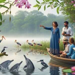 A serene and ethereal scene of Dibru-Saikhowa National Park at dawn, with a warm, soft glow illuminating the lush landscape. The foreground features delicate, detailed depictions of local wildlife, such as river dolphins gracefully leaping from the calm waters, and a variety of vibrant birds perched on lush branches. A group of Indian travelers, dressed in modern yet traditionally-inspired attire, are respectfully observing the wildlife from a small, eco-friendly boat. The travelers are adorned with subtle jewelry and are engaged in a harmonious and mindful interaction with nature. The backdrop is filled with dense greenery and a pastel-colored sky with a hint of golden sunlight peeking through the trees, enhancing the tranquil and surreal atmosphere. The art style is hyperrealistic with intricate patterns in the flora and fauna, capturing the essence of both traditional art forms and contemporary digital aesthetics.