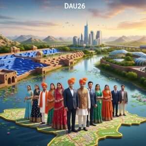 A vibrant scene depicting the essence of Dausa district, showcasing a harmonious blend of tradition and modernity. In the foreground, a group of diverse Indian individuals representing various age groups and professions, symbolizing the demographic diversity, stand on a stylized map of the district. They are dressed in a mix of traditional Rajasthani attire and contemporary outfits, embodying the blend of heritage and progress. In the background, the landscape of Dausa unfolds with iconic elements like peacock blue and saffron-hued hills, lotus-studded lakes, and ancient architecture juxtaposed with futuristic cityscapes. The sky above transitions from dawn to dusk, symbolizing the passage of time towards 2026. The art style is hyperrealistic with ethereal lighting, accentuating the cultural motifs and modern aesthetics, creating a captivating visual narrative.