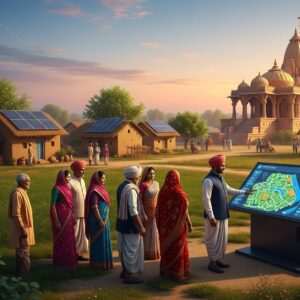 A serene, hyper-realistic depiction of a modern Indian village scene in Bharatpur, set in 2026. The image features a vibrant landscape with lush green fields and traditional mud houses, enhanced with solar panels on their roofs. In the foreground, a group of villagers including men and women in colorful, traditional attire are engaged in a discussion with a local official. They stand around a large, digital map displayed on a sleek, solar-powered interactive kiosk, symbolizing the fusion of tradition and technology. The background shows a beautifully ornate temple with intricate carvings and a golden dome, symbolizing cultural heritage. The sky is adorned with glowing pastel hues of dawn, casting a warm light over the scene. The setting is harmonious and tranquil, illustrating the balance between traditional governance structures and modern advancements.