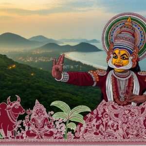 An enchanting landscape of Tulu Nadu, featuring lush green hills and serene coastal shores. In the foreground, a traditional Yakshagana dancer in vibrant attire with an elaborate headdress performs gracefully, capturing the essence of the region's rich cultural heritage. Surrounding the dancer are stylized, intricate patterns inspired by Madhubani and Pattachitra art, depicting historical symbols and motifs unique to Tulu Nadu. The backdrop is a seamless blend of modern digital aesthetics with traditional art, using deep colors like maroon and peacock blue, complemented by soft, glowing lights that evoke a sense of mystery and history. The scene is serene yet vivid, inviting viewers to delve into the story of Tulu Nadu's geography and history.