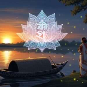 An enchanting scene of a serene Bengali landscape at dusk, with a tranquil river reflecting the warm, golden hues of the setting sun. In the foreground, a traditional Bengali boat gently floats on the water, with intricate patterns inspired by Madhubani and Pattachitra art adorning its sides. Above the river, a soft, ethereal glow forms a large, stylized lotus mandala in pastel shades of blue and pink, symbolizing the essence of the Bengali script. On the riverbank, a figure in traditional Bengali attire gazes thoughtfully at the scene, embodying a sense of curiosity and exploration. The atmosphere is serene and spiritual, with glowing fireflies dotting the landscape, inviting the viewer into the mystical world of Bengali culture.