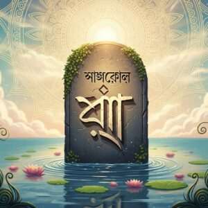 A serene and mystical scene featuring a beautifully ornate Bengali script engraved on a large, ancient stone tablet, partially submerged in a tranquil, reflective pool of water. The tablet is surrounded by softly glowing lotus flowers and gentle ripples. The scene is illuminated by a warm, ethereal golden light emanating from a large mandala in the sky, casting intricate patterns on the water surface. The background features soft pastel hues of blue and pink clouds creating a dreamlike atmosphere. The environment is lush with stylized peacock feathers and intricate patterns reminiscent of traditional Indian art, blending seamlessly with modern digital aesthetics. The overall image embodies tranquility, curiosity, and the timeless beauty of language and script.