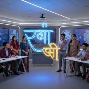 A futuristic Indian classroom setting where a group of diverse Indian students, both male and female, are gathered around a holographic display of the Devanagari script. The display is vibrant, glowing, and floating in mid-air, with the vowels and consonants highlighted in distinct neon colors like electric blue and luminescent saffron. The students are dressed in contemporary, stylish Indian attire with a modern twist, featuring patterns inspired by traditional Indian art forms like Madhubani and Pattachitra. The background features digital screens displaying intricate mandalas and cultural motifs that blend seamlessly into the sleek, modern design of the room. The atmosphere is one of curiosity, innovation, and cultural pride, capturing the essence of exploring language in a technologically advanced world. The lighting is soft yet dynamic, with a pastel color palette that enhances the ethereal and surreal quality of the scene.
