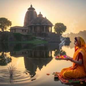 A serene and ethereal depiction of the Dhabaleswar Temple, nestled on an island in the Mahanadi River, bathed in the soft glow of a golden sunrise. The temple, with its traditional Kalinga architecture, stands majestically with intricate carvings and stone sculptures. The scene is enhanced by a tranquil water surface reflecting the temple's grandeur, surrounded by lush greenery. In the foreground, a beautifully adorned Indian devotee in a traditional saffron saree offers prayers, holding a tray with incense and flowers. The atmosphere is peaceful and spiritual, with gentle ripples on the water and a warm, inviting light illuminating the scene, capturing the essence of devotion and serenity. The art style should be hyperrealistic with a modern digital aesthetic, blending tradition with innovation.