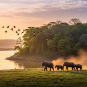 A serene and ethereal depiction of Dibru-Saikhowa National Park, showcasing its unique biodiversity. A tranquil scene with a vast river reflecting the pastel hues of a sunrise, bordered by lush green forests teeming with exotic wildlife. Majestic Indian elephants gracefully wander near the water's edge, while vibrant birds soar in the sky above. The scene is filled with soft glowing lights and a warm, golden atmosphere, creating a dreamlike quality. The focus is on the harmony between the flora and fauna, emphasizing the park's natural heritage. The art style is hyperrealistic with a touch of fantasy, capturing the essence of Assam's untouched beauty.