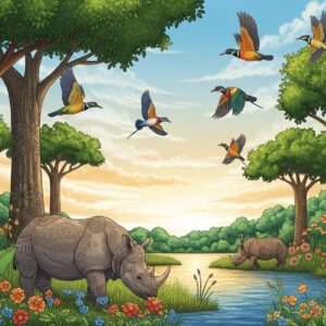 A captivating scene of Dibru-Saikhowa National Park, showcasing the rich biodiversity and serene landscape. The image features a vivid, lush green forest with a variety of flora, including tall, majestic trees and colorful blooming flowers. In the foreground, an Indian rhinoceros grazes peacefully near a tranquil water body, reflecting the clear blue sky. A flock of vibrant birds, such as the rare white-winged wood duck and other exotic species, gracefully flies above. The lighting is soft and ethereal, with warm golden hues illuminating the scene, evoking a sense of tranquility and adventure. The art style should blend modern digital aesthetics with intricate patterns reminiscent of traditional Indian art, emphasizing harmony between nature and cultural heritage.