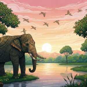 A serene and ethereal depiction of Dibru-Saikhowa, showcasing its lush landscapes with a focus on the wildlife and natural beauty. In the foreground, a majestic Indian elephant stands gracefully near the calm, reflective water's edge, surrounded by verdant greenery. In the background, a flock of migratory birds in flight against the soft glow of a setting sun, casting pastel hues across the sky. The scene is adorned with intricate patterns of traditional Indian art, subtly interwoven with the natural elements. The overall atmosphere is tranquil and surreal, inviting viewers to explore the hidden wonders of this natural jewel. The color palette should emphasize deep greens, warm golds, and soft pinks to evoke a sense of harmony and mindfulness.