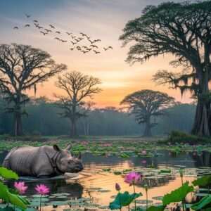 A serene, ethereal landscape of Dibru-Saikhowa National Park, capturing the essence of Assam's rich natural heritage. In the foreground, a majestic Indian rhinoceros wades through tranquil waters, surrounded by lush greenery and vibrant lotus flowers. The background showcases a dense forest with tall, ancient trees and a soft, pastel-colored sky at dawn, featuring gentle hues of pink, blue, and gold. A flock of colorful migratory birds soars gracefully above, adding movement and life to the scene. The overall composition is hyperrealistic with a touch of surrealism, emphasizing tranquility and natural beauty. This image invites readers to explore and appreciate the untouched splendor of Dibru-Saikhowa.