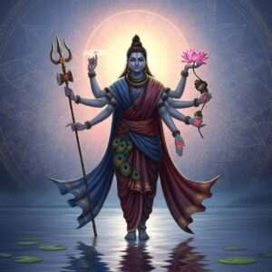 In a lush, ethereal landscape, a serene and mystical scene unfolds featuring a divine guardian from the world of Berme. This guardian is an Indian deity, depicted with four arms; one hand holds a trident, another a lotus, while the remaining two are in a gesture of blessing and protection. The deity stands majestically on a calm water surface, surrounded by a glowing aura of soft pastel colors like pale pink and warm gold. Intricate patterns of mandalas and cultural motifs subtly adorn the background, enhancing the spiritual ambiance. Rich, deep colors like peacock blue and maroon blend harmoniously with the serene setting, creating a balance between traditional and modern aesthetics. The entire scene conveys a sense of peace, harmony, and divine guardianship, inviting the viewer into the mystical realm of Berme.