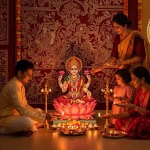 A serene, ethereal scene of an Indian family preparing for Diwali Puja in their beautifully decorated home. The room is adorned with vibrant, intricate patterns and motifs inspired by Madhubani and Pattachitra art. Rich, deep colors of maroon, gold, and peacock blue fill the space, reflecting warmth and tradition. The central focus is a beautifully crafted Murti of Goddess Lakshmi, seated on a lotus, with four arms, holding a lotus, a pot of gold coins, a mudra of blessings, and an open hand. Soft, glowing lights illuminate the Murti, highlighting its exquisite details. The family, dressed in elegant traditional attire with gold jewelry, is seen lighting diyas and arranging offerings around the Murti. A large, glowing mandala is subtly visible in the background, creating a spiritual ambiance. The overall tone is one of harmony, mindfulness, and celebration.