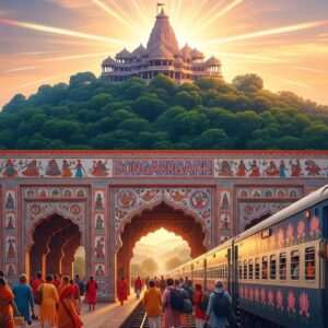 A breathtaking, surreal depiction of Dongargarh in a fusion of traditional Indian art and modern digital aesthetics. The scene features the majestic Bambleshwari Temple perched atop a lush, green hill, enveloped in a mystical, ethereal glow. The sky is painted in soft pastel hues of dawn, with golden and saffron rays illuminating the temple, symbolizing spiritual awakening. Below, a serene train station with intricate patterns reminiscent of Madhubani art serves as the gateway to this sacred journey. Indian pilgrims in vibrant attire are seen joyfully boarding a train adorned with lotus motifs and spiritual symbols, their faces reflecting anticipation and devotion. The atmosphere is tranquil yet filled with a sense of adventure, inviting viewers to embark on their own spiritual exploration.