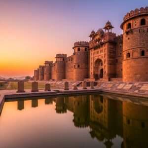 A majestic, ancient Indian fort with towering, intricately carved stone walls, basking in the warm golden glow of the setting sun. The fort's architecture reflects a fusion of traditional Indian and Mughal styles, with detailed arches and ornate carvings. In the foreground, a tranquil water body reflects the fort, with gentle ripples enhancing its ethereal beauty. The sky is a dreamy pastel gradient of pink and orange, with faint silhouettes of distant hills. Scattered around are ancient edicts, subtly glowing with historical inscriptions, adding a sense of mystery and intrigue. The scene exudes a surreal, serene ambiance, inviting viewers to explore the echoes of emperors and the rich history of Sasaram.