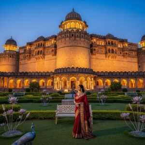 A majestic view of the Ahmednagar Fort under a serene twilight sky, where the deep blue and soft gold hues blend harmoniously. The fort's ancient stone walls and intricate architectural details are illuminated by gentle, ethereal lighting, casting soft shadows that highlight its grandeur. In the foreground, a lush garden with stylized lotus flowers and peacock motifs subtly incorporated into the foliage. An elegant Indian woman in a flowing maroon saree with gold embroidery stands gracefully, gazing at the fort. Her presence adds a touch of modernity and reverence to the scene, embodying the connection between past and present. The image should exude a sense of royalty, history, and tranquility, drawing the viewer into the narrative of the fort's storied past.