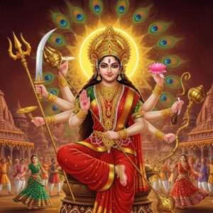 A serene, ethereal depiction of Goddess Durga in her majestic form, adorned with intricate gold jewelry and a traditional red saree with golden embroidery. She has ten arms, each holding symbolic items like a trident, conch, and lotus. The background is a vibrant tapestry of deep maroon and saffron, with glowing mandalas and peacock feathers. Surrounding her are devotees dressed in colorful traditional attire, engaged in Navratri rituals, such as dancing the Garba, with a backdrop of festooned temples. The scene captures the essence of celebration and spirituality, with soft glowing lights and a surreal, dreamlike quality that blends traditional Indian art forms with modern digital aesthetics.