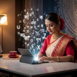 A serene scene of a modern Indian woman in a traditional Bengali saree, sitting at a sleek, contemporary desk surrounded by floating, ethereal, glowing letters and symbols of both the English and Bengali alphabets. Her expression is one of focus and calm determination as she types on a glowing digital tablet. The background features a fusion of traditional and digital aesthetics, with intricate Bengali motifs and patterns subtly integrated into the design. Soft, warm lighting envelops the scene, creating a harmonious blend of tradition and technology. The overall atmosphere is tranquil yet innovative, capturing the essence of cultural heritage meeting modern advancement.