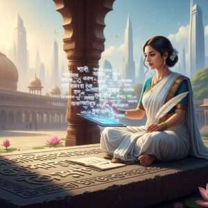 A serene, surreal scene of an Indian woman in a modern, elegant outfit, sitting on a large, ancient, intricately carved stone tablet with Bengali script. She is surrounded by a soft, glowing light, symbolizing knowledge and enlightenment. Her expression is calm and focused as she holds a quill pen over a digital tablet that projects holographic text. The background features a blend of traditional Indian architectural elements and futuristic cityscape, with pastel hues of blue, pink, and gold creating a harmonious balance between tradition and modernity. The setting includes subtle motifs of lotus flowers and mandalas in the ambient lighting, emphasizing tranquility and mindfulness. The art style is hyperrealistic with an ethereal touch, capturing the essence of language bridging cultures.
