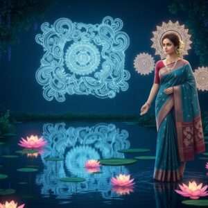 A serene, ethereal scene depicting a beautiful Indian woman in a modern fusion sari that blends traditional Bengali patterns with a contemporary twist. She is gracefully standing amidst a mystical garden filled with glowing mandalas and lotus flowers, with soft pastel lights illuminating the scene. In the background, a calm, reflective water surface mirrors the intricate designs of a Pattachitra-inspired digital mural that seamlessly integrates both English and Bengali cultural motifs. The woman's expression is one of mindfulness and tranquility, symbolizing the harmony between languages and cultures. The overall atmosphere is serene and surreal, with a focus on creating an inviting and peaceful space that embodies cultural fusion and modern aesthetics.