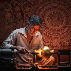 An Indian craftsman deeply focused, skillfully shaping a glowing brass vessel on a traditional lathe under the soft, ethereal light of a serene workshop. His weathered hands and concentrated expression reflect years of dedication to the Thathera craft. The background is adorned with rich, intricate patterns reminiscent of Madhubani and Pattachitra art, with motifs of lotus flowers and mandalas subtly integrated into the scene. The lighting is warm and inviting, with hues of maroon, saffron, and gold. The overall atmosphere is one of reverence and admiration for the preservation of this timeless craft, capturing both the tradition and modern aesthetics in a hyperrealistic style.