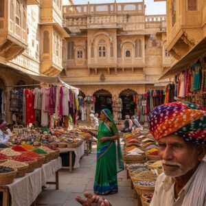 A picturesque depiction of the heart of Pali, showcasing a vibrant and bustling traditional village teeming with life. In the foreground, an elderly Indian man wearing a richly patterned turban and a woman in a vivid, flowing saree are engaged in a lively conversation. Behind them, a colorful bazaar filled with stalls selling spices, textiles, and handicrafts. Traditional Rajasthani architecture is visible, with intricately carved wooden balconies and latticework. The background features lush green fields and distant hills under a pastel-hued sunset sky, casting a warm, golden glow over the scene. The overall atmosphere is serene yet bustling, capturing the timeless spirit and cultural richness of Pali. The art style combines traditional Indian art motifs with modern digital techniques, creating a visually captivating and inviting scene.