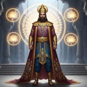 A regal depiction of King Yayati, portrayed as an Indian prince with a majestic aura, wearing an intricately designed gold crown and traditional royal attire in rich maroon and peacock blue hues. He stands in a serene, ethereal setting, surrounded by glowing mandalas and subtle hints of lotus motifs. The background features a harmonious blend of ancient palace architecture and modern stage elements, symbolizing the timelessness of his story from epic to stage. Soft, pastel lighting creates a dreamlike atmosphere, highlighting his expression of wisdom and contemplation. The art style is hyperrealistic with a spiritual essence, capturing the timeless allure and complexity of Yayati's character.