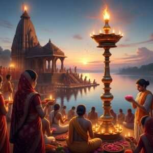 A serene, ethereal depiction of the Dhabaleswar Temple, bathed in the soft glow of twilight with the Mahadipa (grand lamp) illuminating the scene. The temple is surrounded by a tranquil river reflecting the warm golds and deep blues of the evening sky. Indian devotees in traditional attire are seen gathered, engaging in prayer and offering rituals. Intricate patterns of maroon and saffron adorn their clothing, and they hold lotus flowers and small lamps. The scene is imbued with a sense of spirituality and festivity, with soft pastel hues and gentle glowing lights creating an inviting and peaceful atmosphere. The art style is hyperrealistic with a blend of traditional Indian art forms and modern digital aesthetics, emphasizing the cultural richness and serenity of the festival.