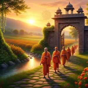 A serene, ethereal landscape of Batala's lush countryside in Punjab, bathed in the soft, golden glow of a setting sun. In the foreground, an ancient, intricately carved ashram gate framed by blossoming marigold flowers and lush greenery. A gentle stream flows nearby, reflecting the warm hues of the sky. Indian spiritual symbols subtly incorporated into the scene, such as a softly glowing mandala above the gate. A group of peaceful Indian monks in traditional saffron robes walking along a stone path towards the ashram, their expressions serene and contemplative. The art style is hyperrealistic with a modern digital touch, capturing tranquility and mindfulness in the scene's ethereal beauty.