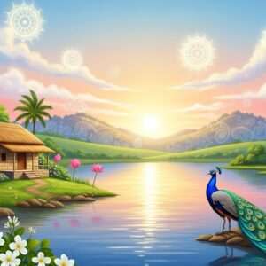 A serene, ethereal landscape of Ahmednagar, featuring a tranquil retreat amidst lush greenery. In the foreground, a calm water surface reflects the soft glow of a setting sun, casting a warm, golden light. A majestic peacock with iridescent blue and green feathers stands gracefully by the water's edge, symbolizing peace and spirituality. In the background, distant hills are adorned with traditional Indian motifs, blending with modern digital aesthetics. The sky is painted in soft pastel hues of pale pink and warm gold, with glowing mandalas subtly incorporated into the clouds. The scene exudes tranquility and mindfulness, inviting viewers to explore the spiritual and picnic escapes of Ahmednagar.