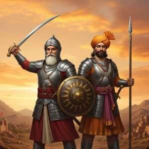 A majestic scene featuring Bappa Rawal and Maharana Pratap, two legendary figures of the Guhila Dynasty, standing proud and regal. Bappa Rawal is depicted in traditional Rajput armor, with a sword in his right hand and a shield adorned with intricate patterns in his left. Maharana Pratap is portrayed alongside him, wearing his iconic Rajput turban and armor, holding a spear. They stand amidst the backdrop of the Aravalli hills, under a sky painted in hues of saffron and maroon, symbolizing valor and heritage. The ground is lush with stylized lotus flowers and peacock motifs, blending the ancient with the modern digital aesthetic. A warm, ethereal glow envelops the scene, casting a serene yet powerful ambiance. The entire composition exudes a sense of pride, heritage, and strength, inviting viewers to delve deeper into the rich history of the Guhila Dynasty.