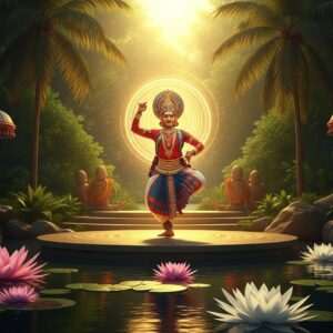 A serene, mystical scene capturing the essence of Tulu Nadu spirituality. In the foreground, a traditional Tulu Nadu ritual is depicted with a performer dressed in vibrant, traditional attire, adorned with intricate gold jewelry and a vivid headdress, performing a dance under a softly glowing mandala. The backdrop features a lush, verdant landscape typical of the region, with large lotus flowers floating on calm water surfaces. The lighting is ethereal, casting a warm, golden glow over the entire scene. The atmosphere is tranquil yet vibrant, blending the rich cultural heritage with modern digital aesthetics, inviting viewers into a world of deep cultural significance and spiritual depth. The art style is hyperrealistic with surreal touches, emphasizing tranquility and mindfulness.